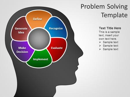 Problem Solving Template Recognize Evaluate Implement Make Decision Make Decision Generate Idea Generate Idea Define Text Title Here This is a sample text,