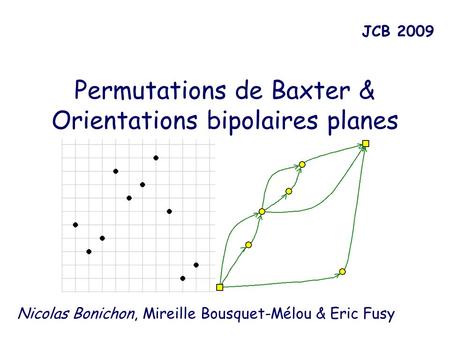 Permutations de Baxter & Orientations bipolaires planes JCB 2009 Nicolas Bonichon, Mireille Bousquet-Mélou & Eric Fusy.