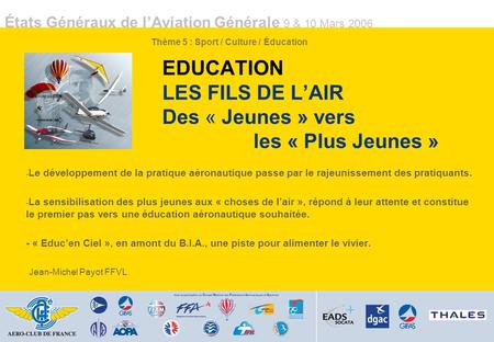 États Généraux de lAviation Générale 9 & 10 Mars 2006 EDUCATION LES FILS DE LAIR Des « Jeunes » vers les « Plus Jeunes » - Le développement de la pratique.