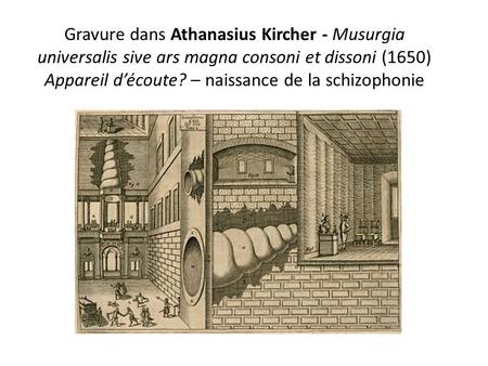 Gravure dans Athanasius Kircher - Musurgia universalis sive ars magna consoni et dissoni (1650) Appareil d’écoute? – naissance de la schizophonie.