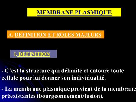 MEMBRANE PLASMIQUE A. DEFINITION ET ROLES MAJEURS   I. DEFINITION  