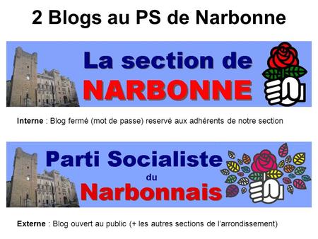 2 Blogs au PS de Narbonne Interne : Blog fermé (mot de passe) reservé aux adhérents de notre section Externe : Blog ouvert au public (+ les autres sections.