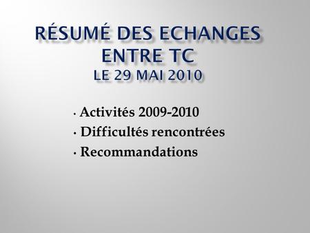 Activités 2009-2010 Difficultés rencontrées Recommandations.