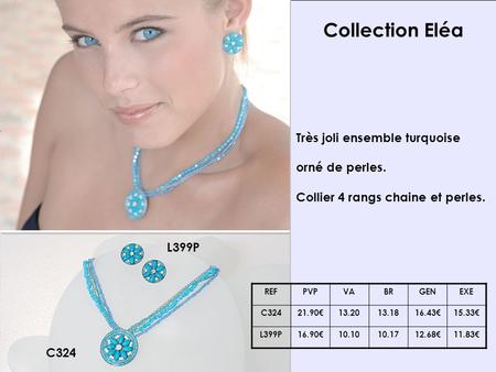 Collection Eléa C324 L399P Très joli ensemble turquoise orné de perles. Collier 4 rangs chaine et perles. REFPVPVABRGENEXE C32421.9013.2013.1816.4315.33.