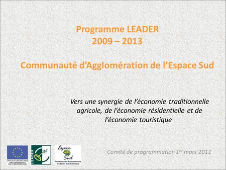 Programme LEADER 2009 – 2013 Communauté dAgglomération de lEspace Sud Comité de programmation 1 er mars 2011 Vers une synergie de léconomie traditionnelle.