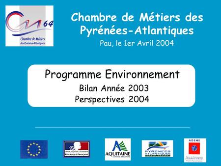 Programme Environnement Bilan Année 2003 Perspectives 2004 Chambre de Métiers des Pyrénées-Atlantiques Pau, le 1er Avril 2004.