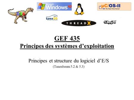 GEF 435 Principes des systèmes dexploitation Principes et structure du logiciel dE/S (Tanenbaum 5.2 & 5.3)