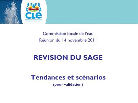 Commission locale de l'eau Réunion du 14 novembre 2011 REVISION DU SAGE Tendances et scénarios (pour validation)