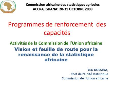 Programmes de renforcement des capacités Activités de la Commission de lUnion africaine Vision et feuille de route pour la renaissance de la statistique.