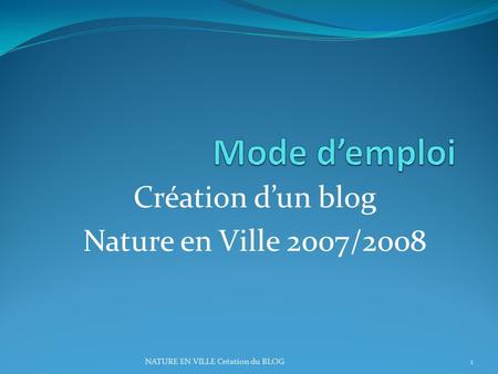 NATURE EN VILLE Création du BLOG1 Création dun blog Nature en Ville 2007/2008.