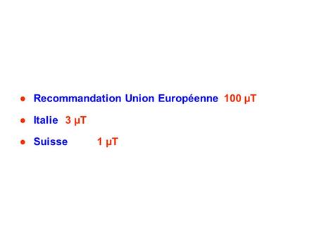 Recommandation Union Européenne100 µT Italie 3 µT Suisse1 µT.