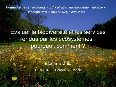 Évaluer la biodiversité et les services rendus par les écosystèmes : pourquoi, comment ? Elodie Brahic CEMAGREF, Bordeaux, France Formation des enseignants,