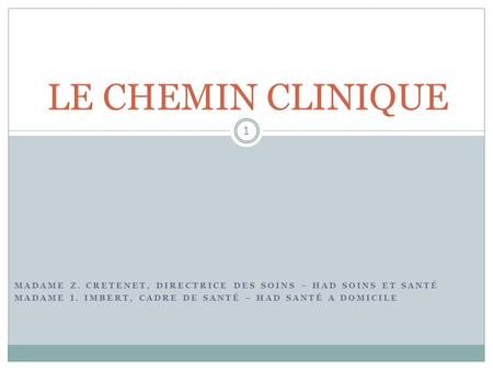 LE CHEMIN CLINIQUE Madame Z. CRETENET, Directrice des Soins – HAD Soins et Santé Madame I. IMBERT, Cadre de santé – HAD Santé A Domicile.