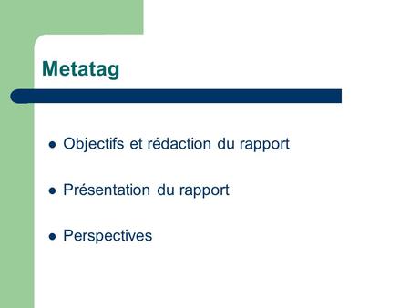 Metatag Objectifs et rédaction du rapport Présentation du rapport