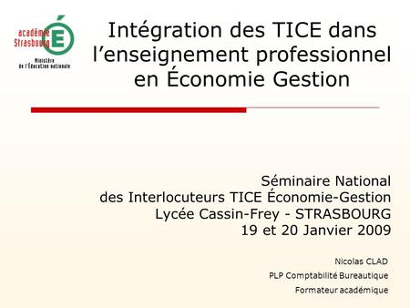 Intégration des TICE dans lenseignement professionnel en Économie Gestion Séminaire National des Interlocuteurs TICE Économie-Gestion Lycée Cassin-Frey.
