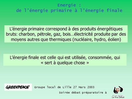 Energie : de lénergie primaire à lénergie finale Groupe local de Lille 27 Mars 2003 Soirée débat préparatoire à Lénergie primaire correspond à des produits.