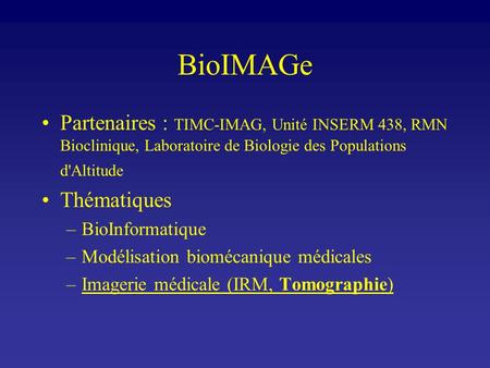 BioIMAGe Partenaires : TIMC-IMAG, Unité INSERM 438, RMN Bioclinique, Laboratoire de Biologie des Populations d'Altitude Thématiques BioInformatique Modélisation.