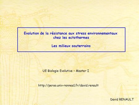 Evolution de la résistance aux stress environnementaux chez les ectothermes Les milieux souterrains UE Biologie Evolutive – Master I David RENAULT