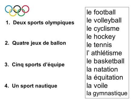 1. Deux sports olympiques 2. Quatre jeux de ballon 3. Cinq sports déquipe 4. Un sport nautique le football le volleyball le cyclisme le hockey le tennis.
