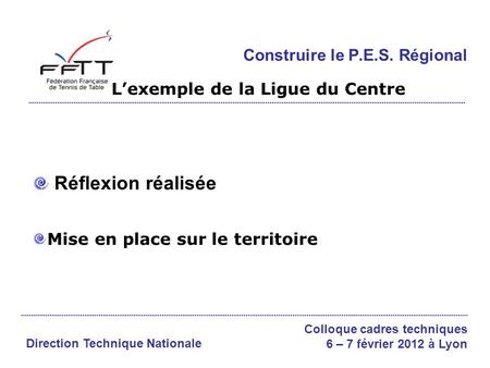 Lexemple de la Ligue du Centre Réflexion réalisée Mise en place sur le territoire Construire le P.E.S. Régional Colloque cadres techniques 6 – 7 février.