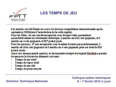 LES TEMPS DE JEU Colloque cadres techniques 6 – 7 février 2012 à Lyon Direction Technique Nationale.
