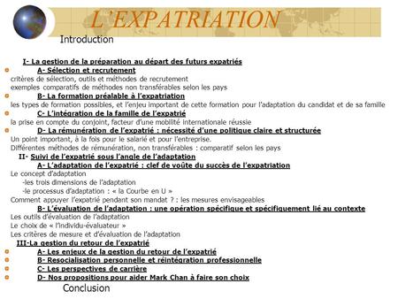 L’EXPATRIATION Introduction Conclusion