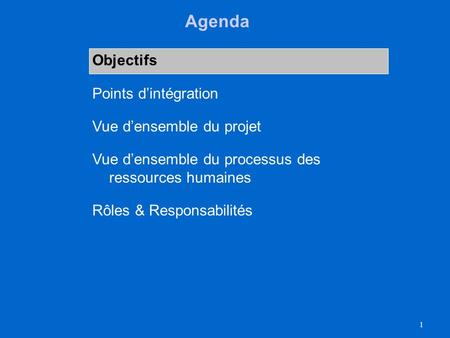 Agenda Objectifs Points d’intégration Vue d’ensemble du projet