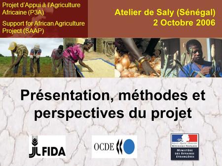 Atelier de Saly (Sénégal) 2 Octobre 2006 Présentation, méthodes et perspectives du projet Projet dAppui à lAgriculture Africaine (P3A) Support for African.