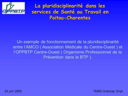 La pluridisciplinarité dans les services de Santé au Travail en Poitou-Charentes 23 juin 200579360 Granzay Gript Un exemple de fonctionnement de la pluridisciplinarité