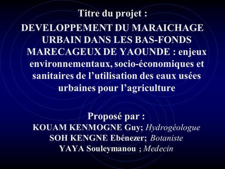Titre du projet : DEVELOPPEMENT DU MARAICHAGE URBAIN DANS LES BAS-FONDS MARECAGEUX DE YAOUNDE : enjeux environnementaux, socio-économiques et sanitaires.