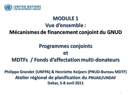 MODULE 1 Vue densemble : Mécanismes de financement conjoint du GNUD Programmes conjoints et MDTFs / Fonds daffectation multi-donateurs Philippe Grandet.