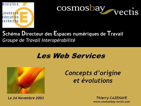 1 SDET – Groupe de travail interopérabilité – 24 Novembre 2003 Thierry CAZENAVE www.cosmosbay-vectis.com Concepts dorigine et évolutions Le 24 Novembre.
