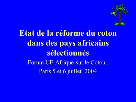 Etat de la réforme du coton dans des pays africains sélectionnés Forum UE-Afrique sur le Coton, Paris 5 et 6 juillet 2004.