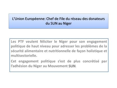 L'Union Européenne: Chef de File du réseau des donateurs du SUN au Niger Les PTF veulent féliciter le Niger pour son engagement politique de haut niveau.