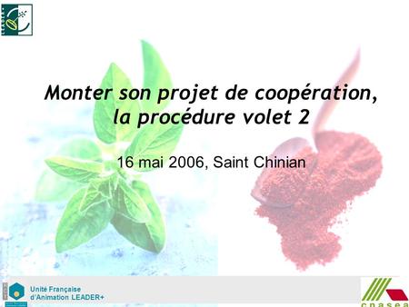 Mardi 02 mai Unité Française dAnimation LEADER+ Monter son projet de coopération, la procédure volet 2 16 mai 2006, Saint Chinian.