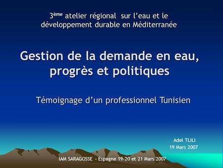 Gestion de la demande en eau, progrès et politiques 3 ème atelier régional sur leau et le développement durable en Méditerranée Témoignage dun professionnel.