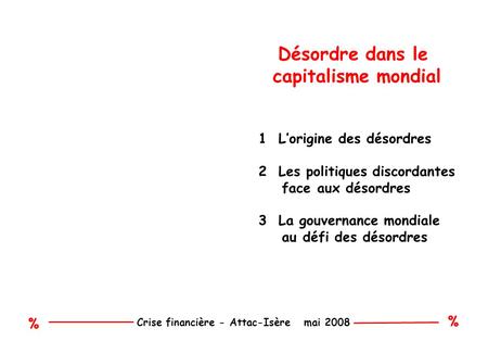 % % Crise financière - Attac-Isère mai 2008 Désordre dans le capitalisme mondial 1 Lorigine des désordres 2 Les politiques discordantes face aux désordres.
