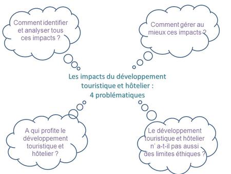 Les impacts du développement touristique et hôtelier : 4 problématiques Comment gérer au mieux ces impacts ? A qui profite le développement touristique.
