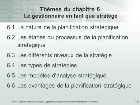© 2006 Les Éditions de la Chenelière inc., La gestion dynamique: concepts, méthodes et applications, 4 e édition1/15 Thèmes du chapitre 6 Le gestionnaire.