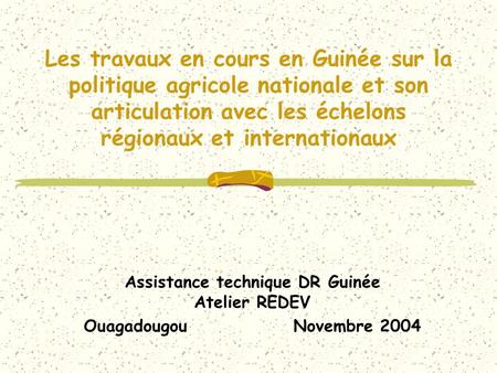 Les travaux en cours en Guinée sur la politique agricole nationale et son articulation avec les échelons régionaux et internationaux Assistance technique.