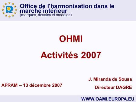 Office de l'harmonisation dans le marché intérieur (marques, dessins et modèles) WWW.OAMI.EUROPA.EU J. Miranda de Sousa Directeur DAGRE OHMI Activités.
