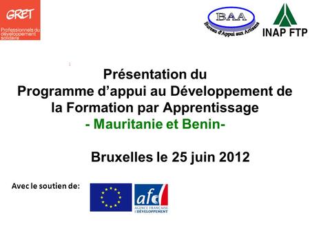 Présentation du Programme d’appui au Développement de la Formation par Apprentissage - Mauritanie et Benin- Bruxelles le 25 juin 2012 Avec.