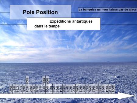 Pole Position Expéditions antartiques dans le temps La banquise ne nous laisse pas de glace 1578 1687 1738 1773 1820 1821-1824 1840 1892 1895 1897 1902-1903.