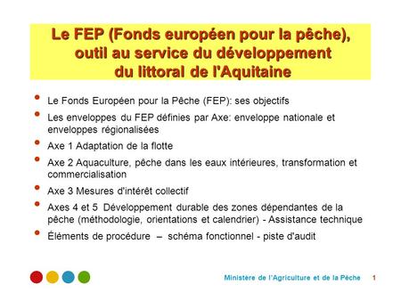 Ministère de lAgriculture et de la Pêche 1 Le FEP (Fonds européen pour la pêche), outil au service du développement du littoral de l'Aquitaine Le Fonds.