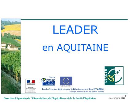 1 Direction Régionale de lAlimentation, de lAgriculture et de la Forêt dAquitaine LEADER en AQUITAINE 4 novembre 2011.