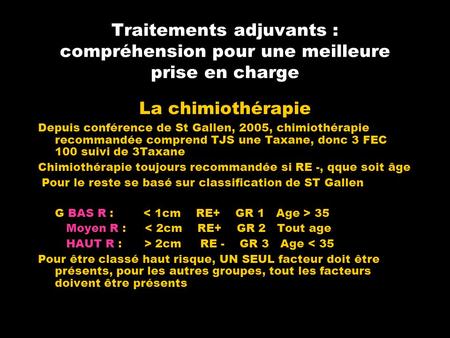 Traitements adjuvants : compréhension pour une meilleure prise en charge La chimiothérapie Depuis conférence de St Gallen, 2005, chimiothérapie recommandée.
