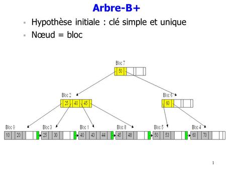 Arbre-B+ Hypothèse initiale : clé simple et unique Nœud = bloc.