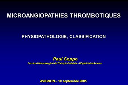 PHYSIOPATHOLOGIE, CLASSIFICATION