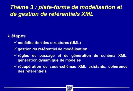 Thème 3 : plate-forme de modélisation et de gestion de référentiels XML étapes modélisation des structures (UML) gestion du référentiel de modélisation.