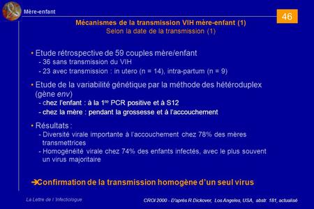 46 Mécanismes de la transmission VIH mère-enfant (1) Selon la date de la transmission (1) Etude rétrospective de 59 couples mère/enfant - 36 sans transmission.